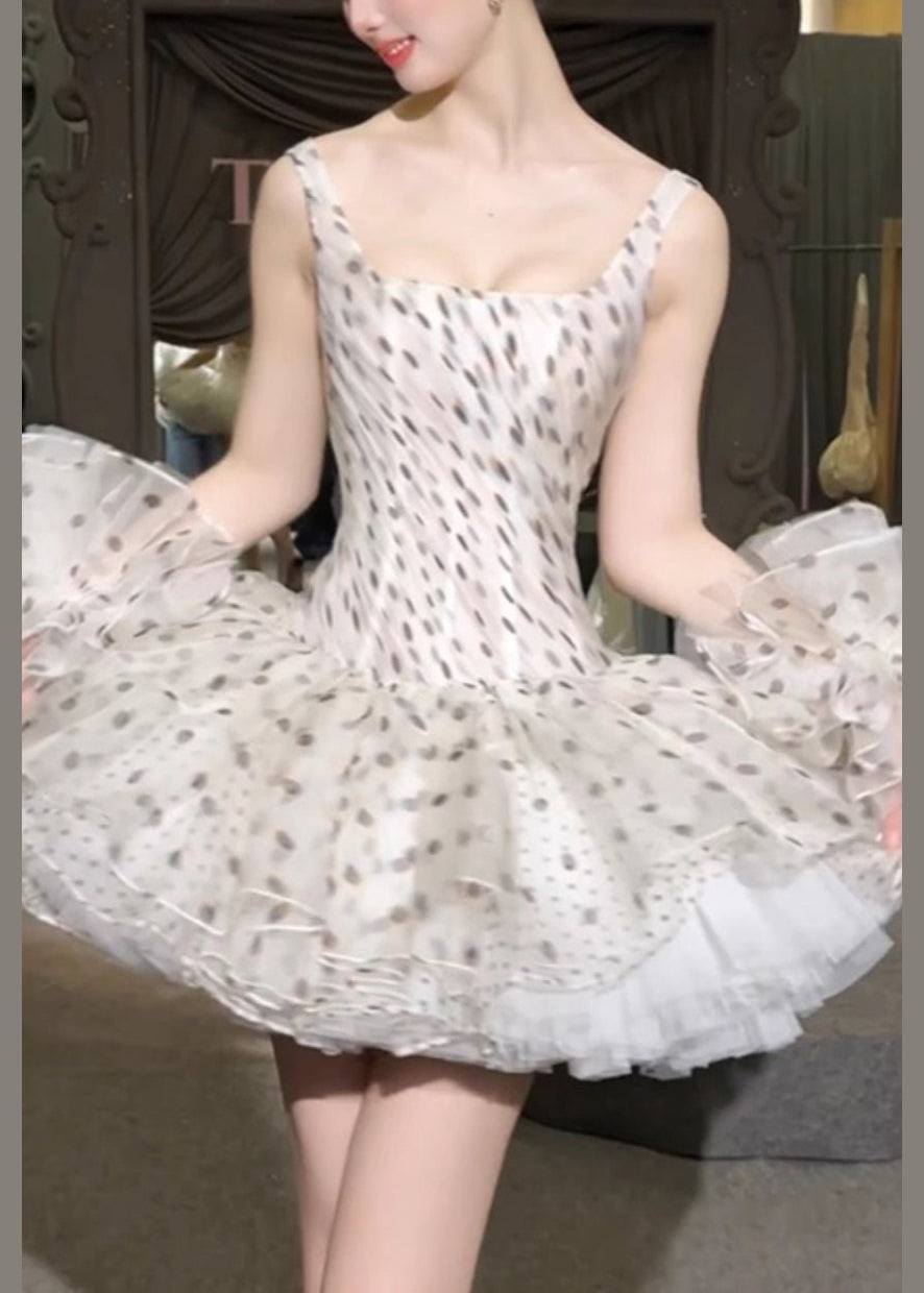 Dresses Chiffon Elegant Sleeveless White Dot Collar Mini Square