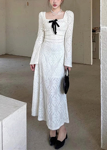 Elegant White Square Collar Hollow Out Cotton Long Dresses Spring YT037
