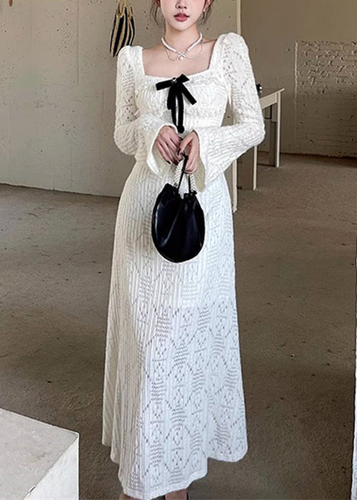Elegant White Square Collar Hollow Out Cotton Long Dresses Spring YT037
