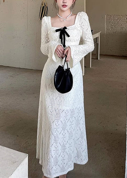 Elegant White Square Collar Hollow Out Cotton Long Dresses Spring YT037