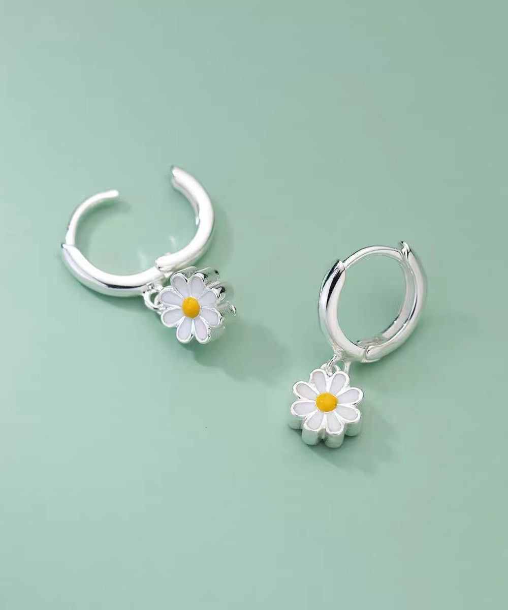 Elegant Hoop Silver Sterling Earrings White Chrysanthemum