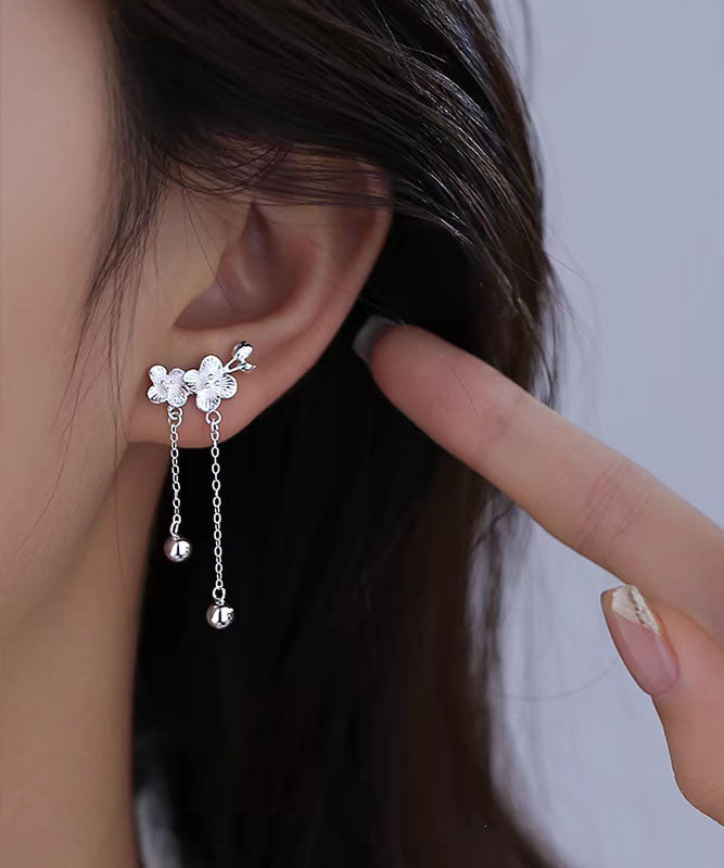 Elegant White Sterling Silver Plum Blossom Tassel Drop Earrings QU031