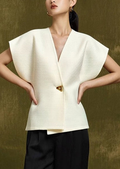 V White Elegant Summer Top Button Neck