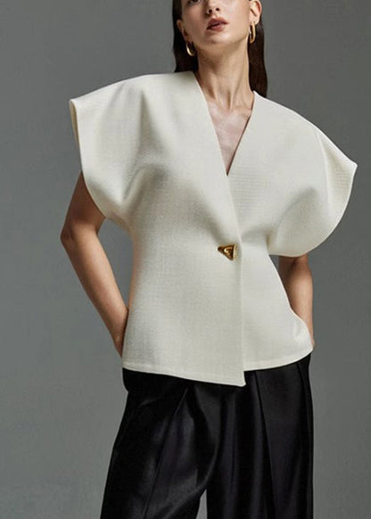 V White Elegant Summer Top Button Neck
