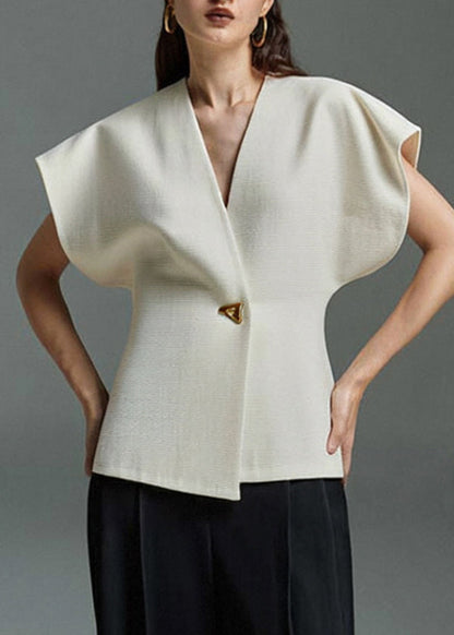 V White Elegant Summer Top Button Neck