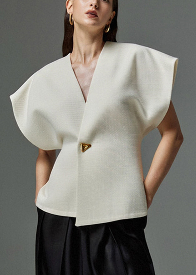 V White Elegant Summer Top Button Neck