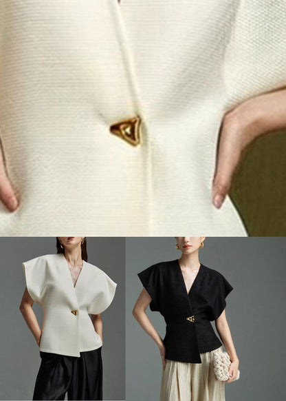 V White Elegant Summer Top Button Neck