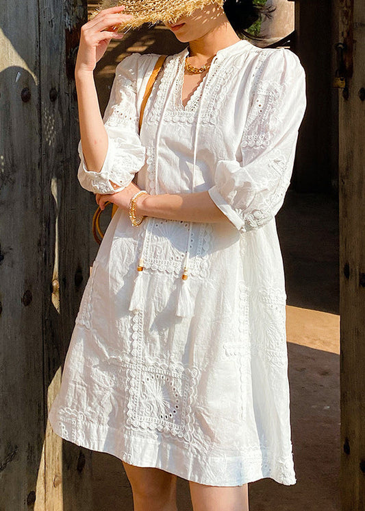 Neck Pockets Cotton Hollow Dress Elegant Out Sleeve V White Half