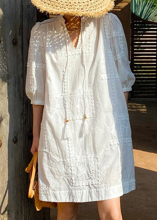 Neck Pockets Cotton Hollow Dress Elegant Out Sleeve V White Half