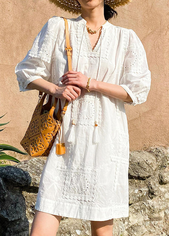 Neck Pockets Cotton Hollow Dress Elegant Out Sleeve V White Half