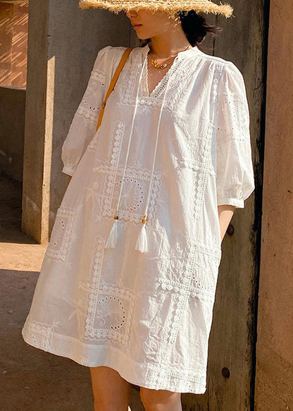 Neck Pockets Cotton Hollow Dress Elegant Out Sleeve V White Half