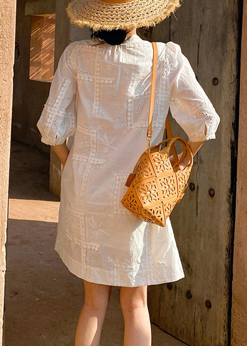 Neck Pockets Cotton Hollow Dress Elegant Out Sleeve V White Half