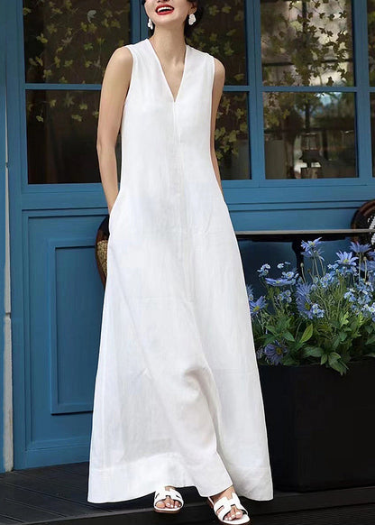 White Sleeveless Neck Patchwork Long V Elegant Dresses