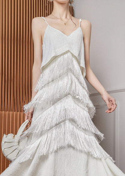 White Neck Tasseled Elegant Strap V Sleeveless Dress Spaghetti