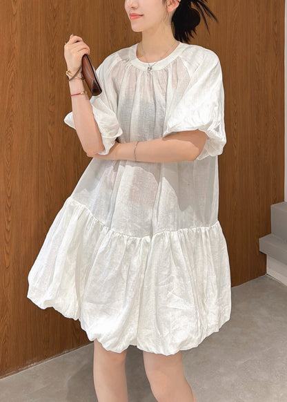 Wrinkled Mid Sleeve Elegant Linen Puff White Dress Solid