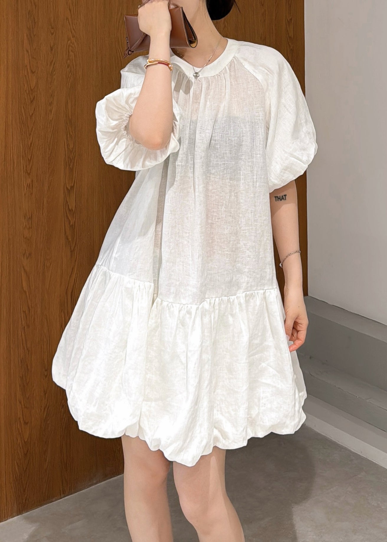Wrinkled Mid Sleeve Elegant Linen Puff White Dress Solid