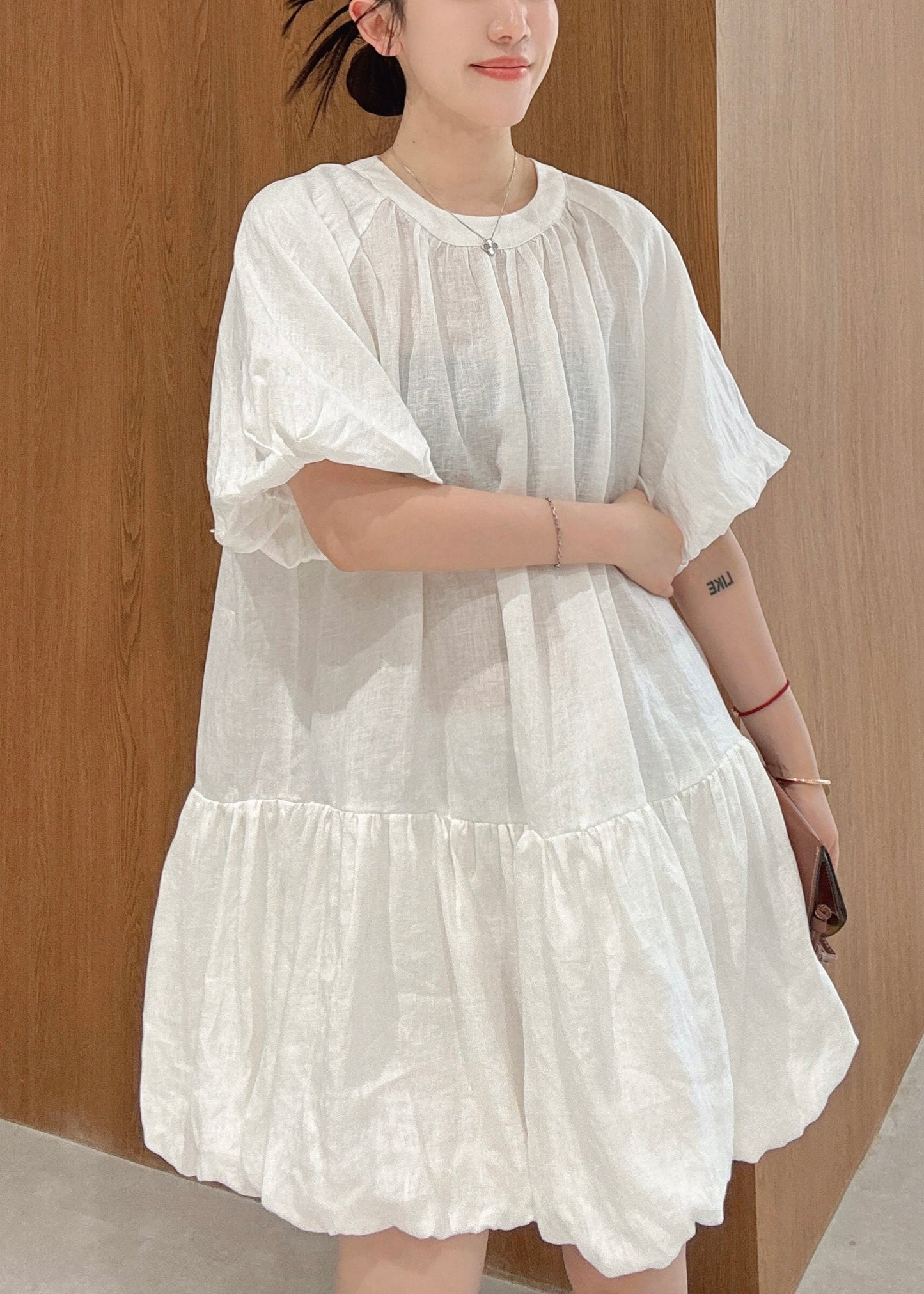 Wrinkled Mid Sleeve Elegant Linen Puff White Dress Solid
