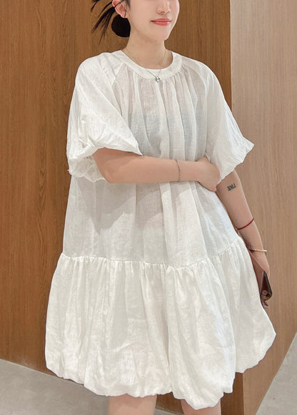 Wrinkled Mid Sleeve Elegant Linen Puff White Dress Solid