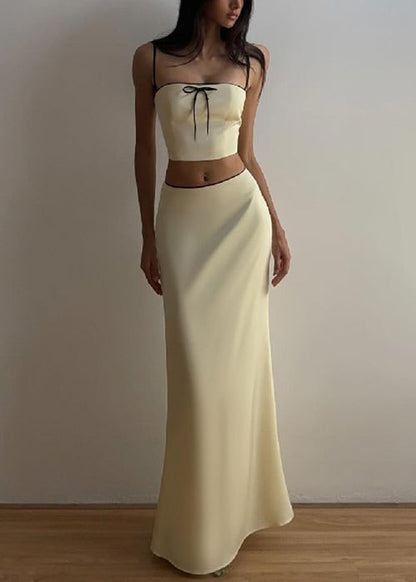 Elegant Yellow Bow Spaghetti Strap Tank And Skirts Silk Two Pieces Set Sleeveless YZ059