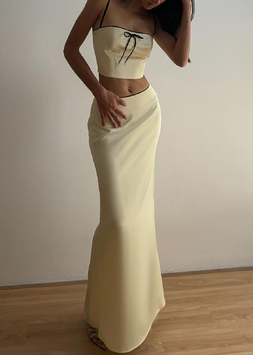 Elegant Yellow Bow Spaghetti Strap Tank And Skirts Silk Two Pieces Set Sleeveless YZ059