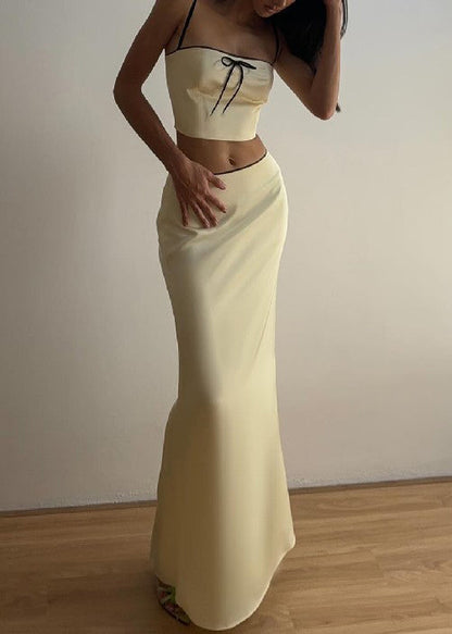 Elegant Yellow Bow Spaghetti Strap Tank And Skirts Silk Two Pieces Set Sleeveless YZ059