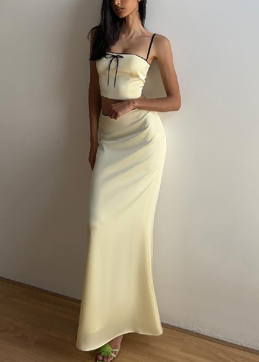 Elegant Yellow Bow Spaghetti Strap Tank And Skirts Silk Two Pieces Set Sleeveless YZ059
