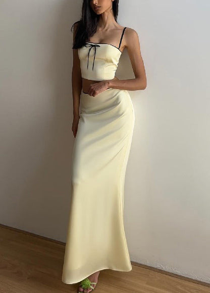 Elegant Yellow Bow Spaghetti Strap Tank And Skirts Silk Two Pieces Set Sleeveless YZ059