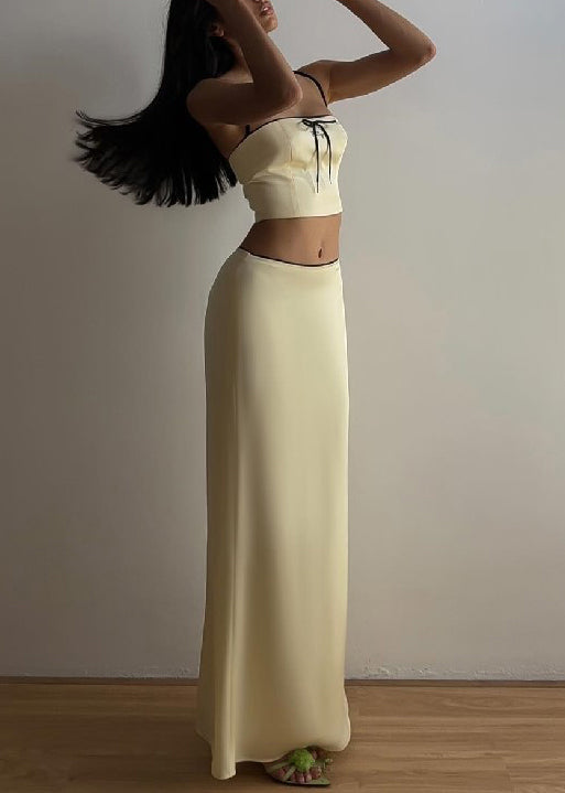 Elegant Yellow Bow Spaghetti Strap Tank And Skirts Silk Two Pieces Set Sleeveless YZ059
