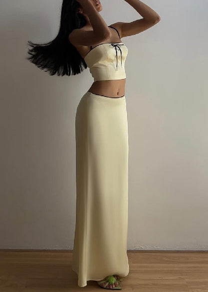 Elegant Yellow Bow Spaghetti Strap Tank And Skirts Silk Two Pieces Set Sleeveless YZ059