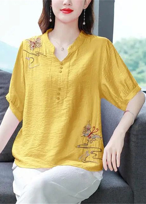 Elegant Yellow Embroidered Solid Cotton Blouse Summer JH021