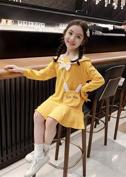 Elegant Yellow O-Neck Patchwork Girls A Line Mid Dress Long Sleeve SS1062