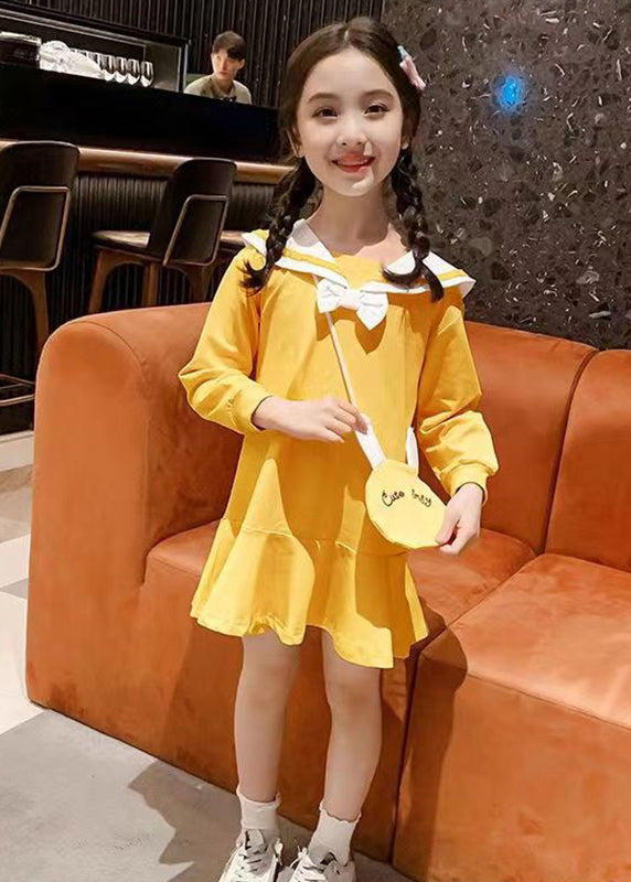 Elegant Yellow O-Neck Patchwork Girls A Line Mid Dress Long Sleeve SS1062