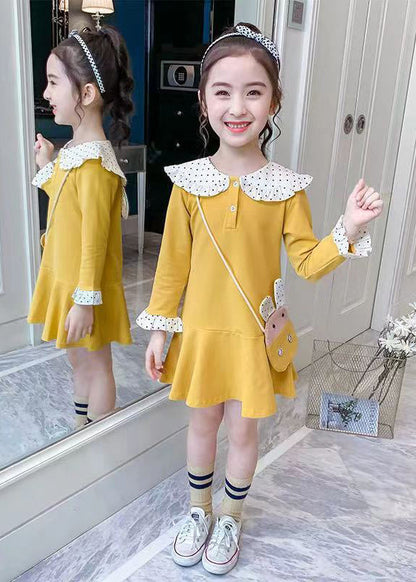 Elegant Yellow O-Neck Patchwork Girls A Line Mid Dress Long Sleeve SS1062