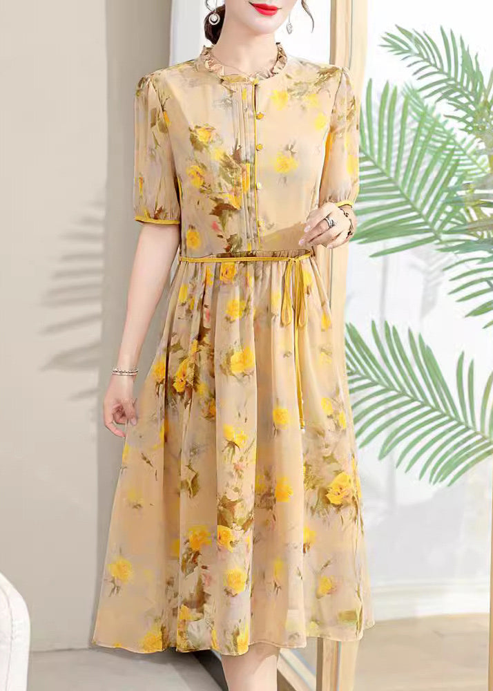 Robe élégante en mousseline de soie à volants jaune et lacets pour l'été BB032