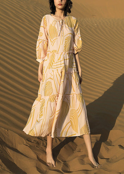 Print Up Yellow Cotton Dresses Long Ruffled Half Lace Elegant