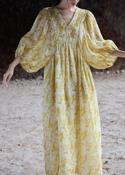 Embroidered V Sleeve Batwing Dresses Elegant Neck Yellow Linen