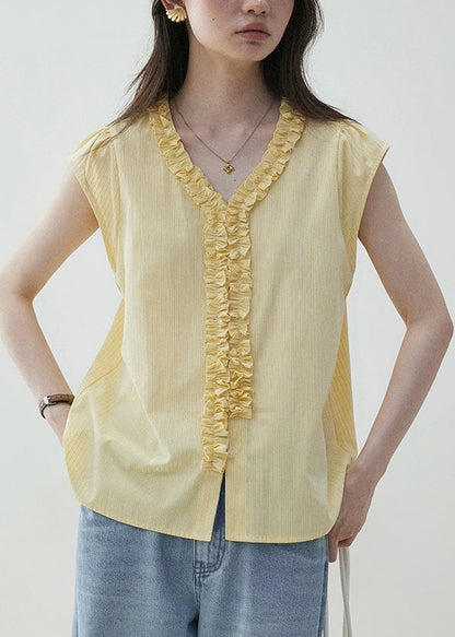 Yellow Summer Elegant Neck Shirt V Ruffled Cotton