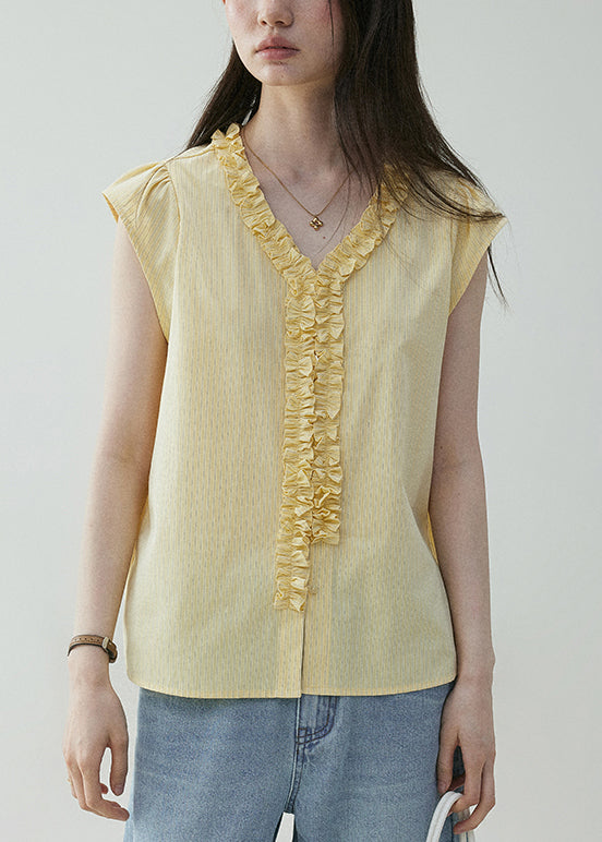 Yellow Summer Elegant Neck Shirt V Ruffled Cotton