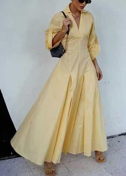 V Yellow Shirts Neck Elegant Zippered Half Dress Cotton Solid