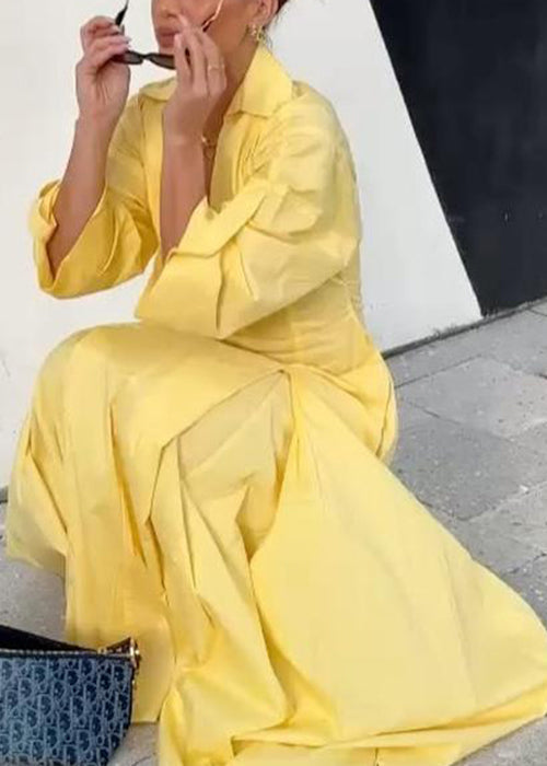 V Yellow Shirts Neck Elegant Zippered Half Dress Cotton Solid
