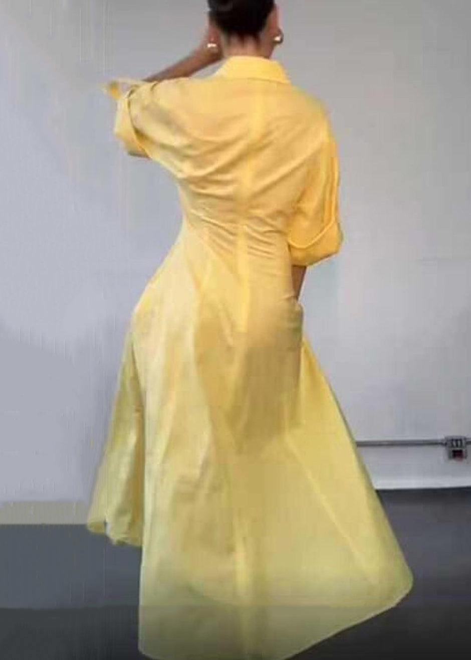 V Yellow Shirts Neck Elegant Zippered Half Dress Cotton Solid
