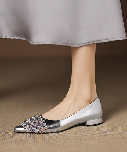 Sheepskin Splicing Elegant Silver Toe Pointed Flat Shoes Zircon