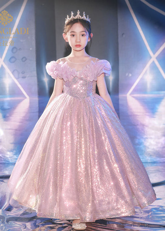 Robe longue en tulle à paillettes et col rond pour filles, élégante, violet clair, manches courtes, QV005