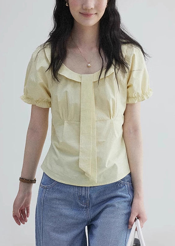 ElegantYellow Sleeve Blouses Wrinkled Zippered Cotton Puff