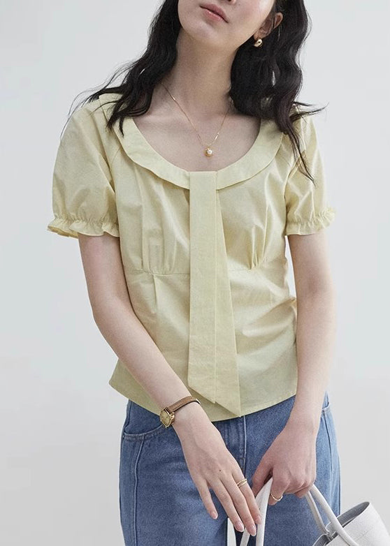 ElegantYellow Sleeve Blouses Wrinkled Zippered Cotton Puff