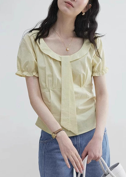 ElegantYellow Sleeve Blouses Wrinkled Zippered Cotton Puff