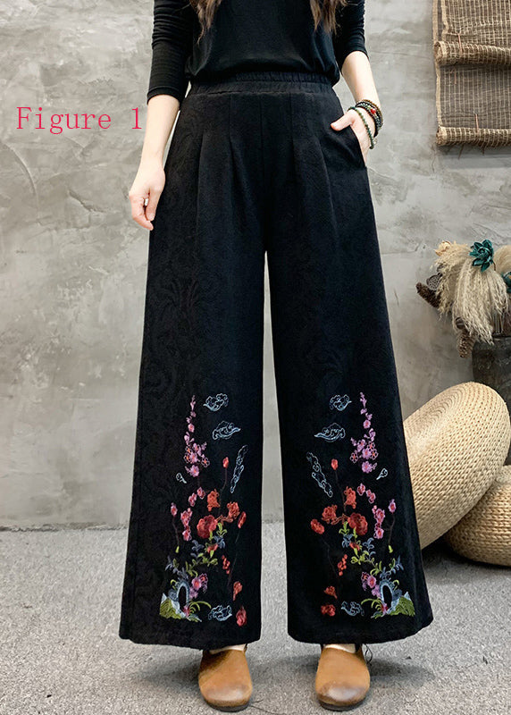 Ethnic Style Embroidered Elastic Waist Wide Leg Pants Spring BV013