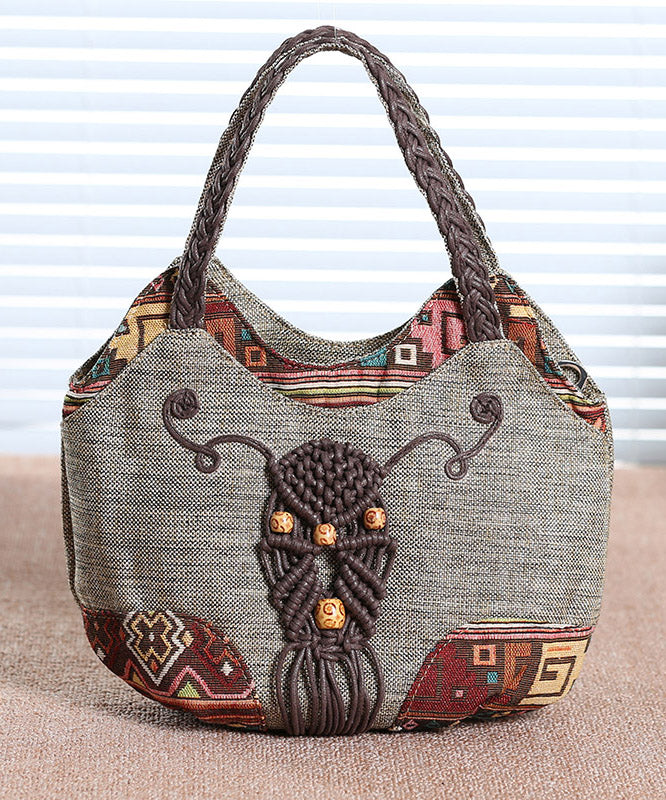 Ethnic Canvas Bag Woven Patchwork Tote Style Grey
