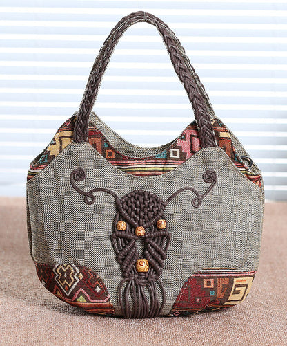 Ethnic Canvas Bag Woven Patchwork Tote Style Grey