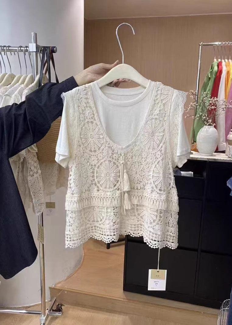 Tank Lace Apricot Fashion Tassel Summer O-Neck